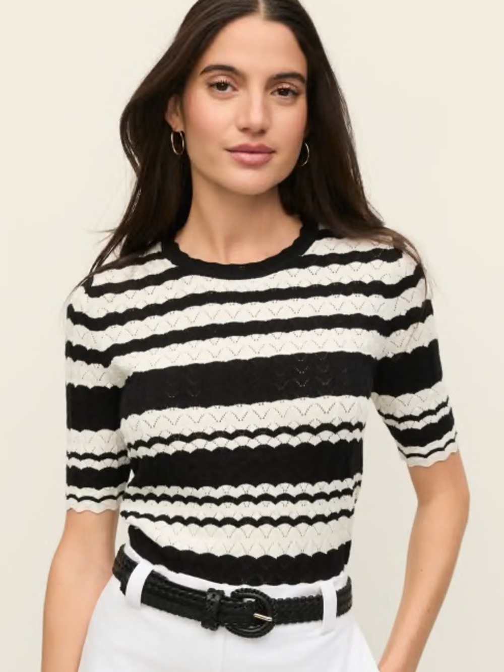 Ann Taylor Black/White Striped Short Sleeve Crew Neck Sweater Knit Top Tee Sz. L